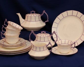 Tea Set for 4 (15 Pcs) Cauldon English Purple Trim & White Art Deco