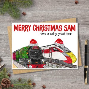 Train Christmas A5 Card, Personalised Rail Enthusiast Retro Xmas Card