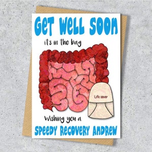 Colostomy stoma surgery greeting card, Personalised, Ileostomy, It's in the bag, Get well card, Good luck