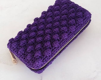 Portefeuille en tricot fait main, motif bulles roses, porte-monnaie à fermeture éclair