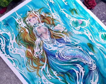 Blue Mermaid Siren art | Original watercolor painting Fantasy art | Fairytale artwork