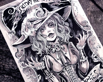 Friday the 13th witch decor - Original Ink painting