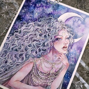 Pintura de la Diosa de la Luna - Pintura de acuarela original / Pastel goth