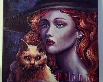 Witch Cat Oil painting on canvas, Fantasy Pagan art