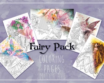 May include: A set of four printable coloring pages featuring fairies with wings, flowers, and other whimsical details. The pages are titled "Fairy Pack Coloring Pages" with the artist's name "Malia Art".