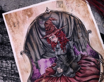 Portrait of witch  - Original ink and watercolor painting Fantasy Artwork