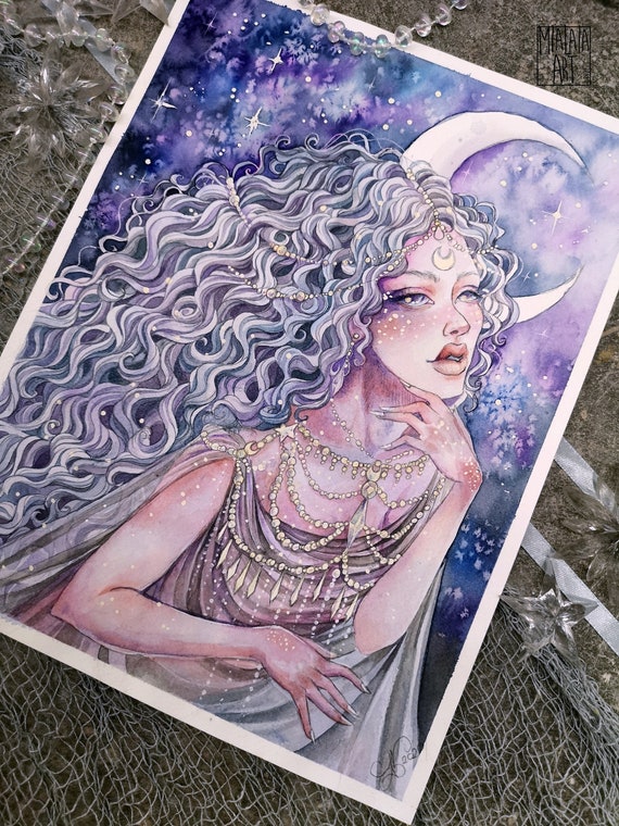 The Moon Goddess painting - Original watercolor painting | Pastel goth