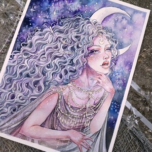 May include: A watercolor painting of a woman with long, flowing purple hair. She is wearing a silver necklace and a crown of stars. The background is a dark blue sky with stars and a crescent moon.