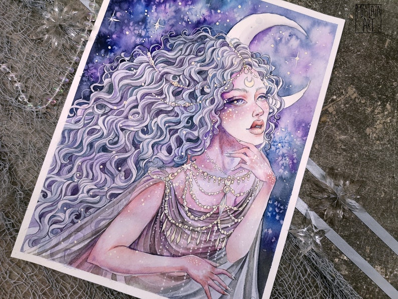May include: A watercolor painting of a woman with long, flowing purple hair. She is wearing a silver necklace and a crown of stars. The background is a dark blue sky with stars and a crescent moon.