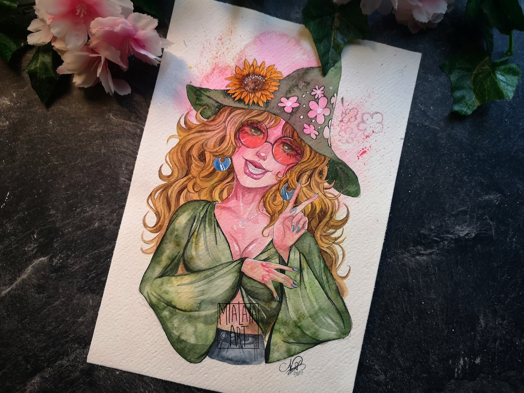 Witch Retro Hippie | Original Watercolor Painting - Etsy