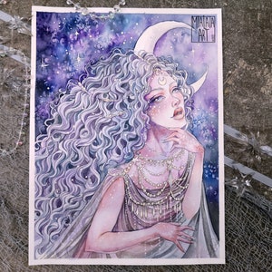 May include: Watercolor painting of a woman with long, flowing purple hair, wearing a beaded necklace and a flowing gown. She is looking up at a crescent moon in a starry night sky. The painting is signed "Miaia Art" in the upper right corner.