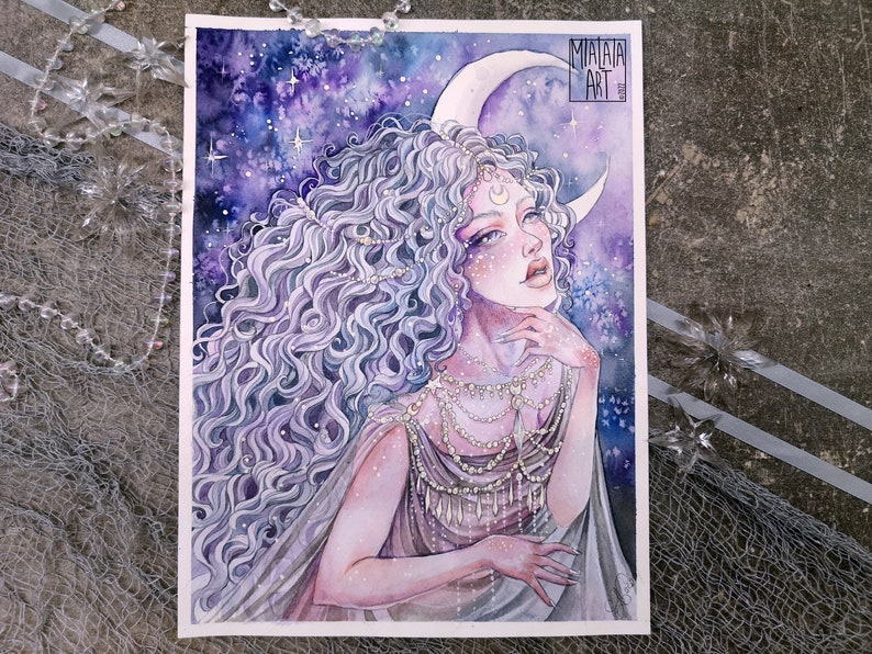 May include: Watercolor painting of a woman with long, flowing purple hair, wearing a beaded necklace and a flowing gown. She is looking up at a crescent moon in a starry night sky. The painting is signed "Miaia Art" in the upper right corner.