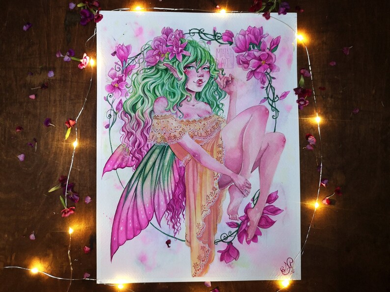 Pink shops fluwer pixie Fairy | Original watercolor painting Fantasy Artwork | painting on paper