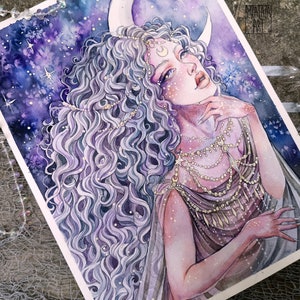 May include: Watercolor painting of a woman with long, flowing purple hair, wearing a silver necklace and a crown with a crescent moon. The background is a dark blue and purple galaxy with stars.