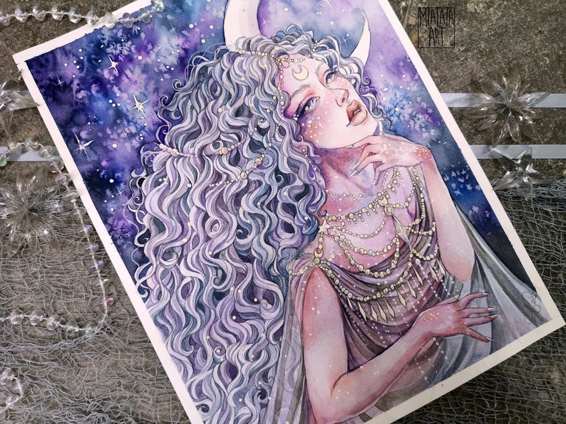 May include: Watercolor painting of a woman with long, flowing purple hair, wearing a silver necklace and a crown with a crescent moon. The background is a dark blue and purple galaxy with stars.