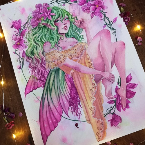 Pink shops fluwer pixie Fairy | Original watercolor painting Fantasy Artwork | painting on paper