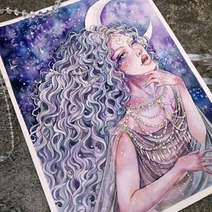 May include: Watercolor painting of a woman with long, flowing purple hair, wearing a gold necklace and a white dress. She is looking up at a crescent moon in a starry night sky.