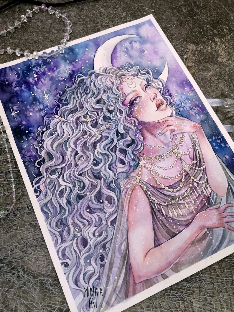 May include: Watercolor painting of a woman with long, flowing purple hair, wearing a gold necklace and a white dress. She is looking up at a crescent moon in a starry night sky.