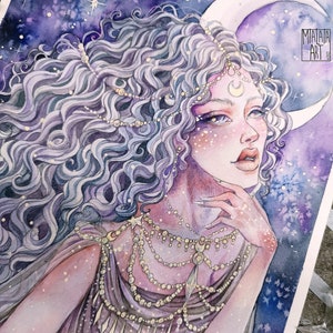 May include: Watercolor painting of a woman with long, flowing silver hair and a crescent moon on her forehead. She is wearing a gold necklace and a purple dress. The background is a starry night sky.