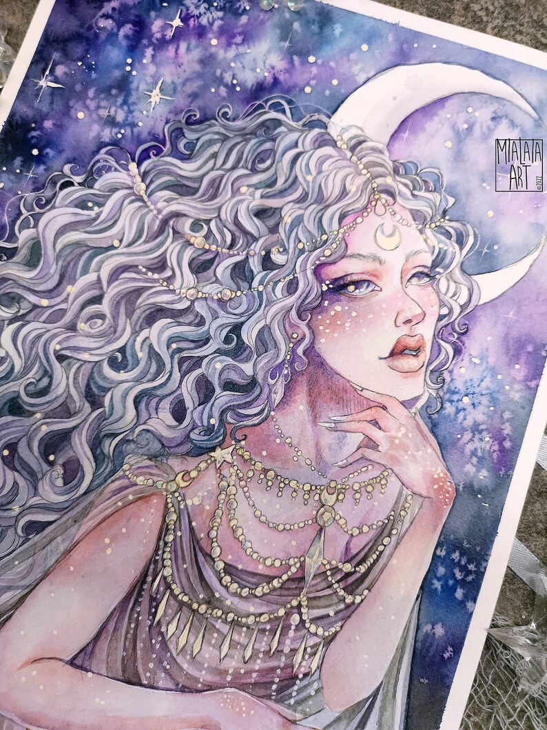May include: Watercolor painting of a woman with long, flowing silver hair and a crescent moon on her forehead. She is wearing a gold necklace and a purple dress. The background is a starry night sky.