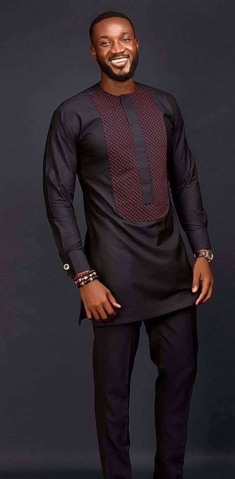 Charles African Men Set African Men Long Sleeve Shirt with Pants Handmade African Clothing Outfit Gift Set For Boyfriend, Him image 1