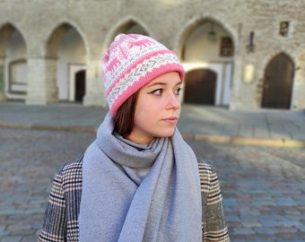 Knit wool beanie / Multilayer, knitted, winter hat /  Women's wool winter hat / Men's pink woolen hat / Unisex beanie / Wool blend beanie.