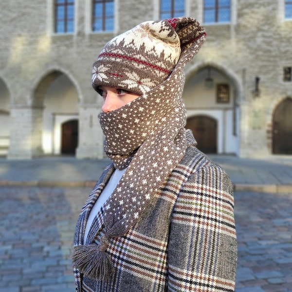 Ensemble écharpe et bonnet fait main / Bonnet-écharpe multicouche / Bonnet d'hiver en laine / Bonnet à longue queue orné / Écharpe de style nordique / Bonnet-écharpe en laine