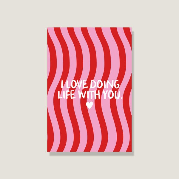 Postkarte Life with you', rosa rote Karte Liebe, süße Postkarte, bunte Postkarte für Freunde – Perfekt zum Verschenken, handgemacht