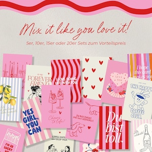 Könnte beinhalten: Eine Sammlung rosa Grußkarten mit verschiedenen Designs und Texten, darunter Herzen, Streifen und Illustrationen. Die Karten enthalten Sätze wie "Mix it like you love it!" und "Yes Girl, You Can."