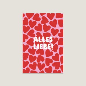 Postkarte 'Alles Liebe', bunte Geburtstagskarte, rote Herzen, süße Postkarte für Freunde & Familie – Perfekt zum Verschenken
