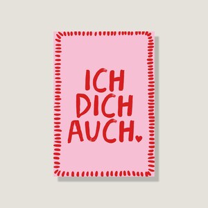 Postkarte 'Ich dich auch', rosa rote Karte, handgemacht, süße Postkarte für Freunde & Familie – Perfekt zum Verschenken