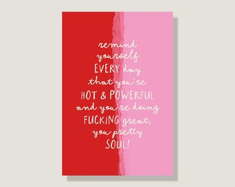 Postcard 'Hot & Powerful', colorful card for friends, card with a sweet saying, empowerment and mental health, handmade in the studio