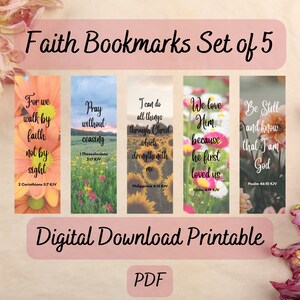 信仰のブックマーク 5 個セット、花、宗教のブックマーク、KJV、デジタル ダウンロード、PDF、印刷可能