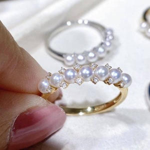 18K Gold Pearl Stackable Ring,3.0-3.5MM Akoya Pearl Ring with Diamonds,Pearl Stackable Rings