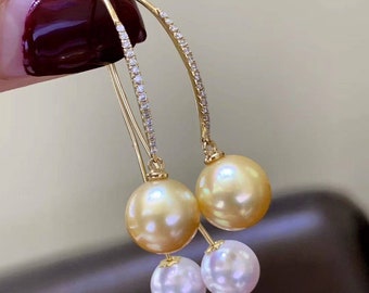 18K Yellow Gold Pearl Dangle Earring,Pearl Drop Ear Jacket,Pearl Ear Jacket with Diamond