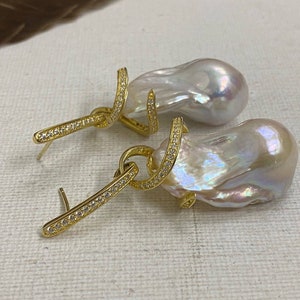 Baroque Pearl Stud Earring in Sterling Silver,Baroque Pearl Dangling Stud Earring,Baroque Earrings with CZ(Cubic Zirconia)