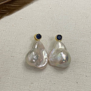 White Baroque Pearl Studs Earrings with Topaz ,Celine Pearl Earring,Baroque Pearl Earring