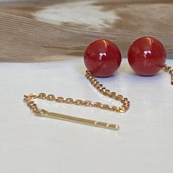 18K Yellow Gold Coral Earring,Coral Threader Earring,Thread Threader Earring,Hand Made Earrings