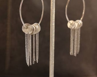 Hands Craft Silver Hoops Tassel Earring, Hoops Earrings, Tassel Earrings in Silver Hoops