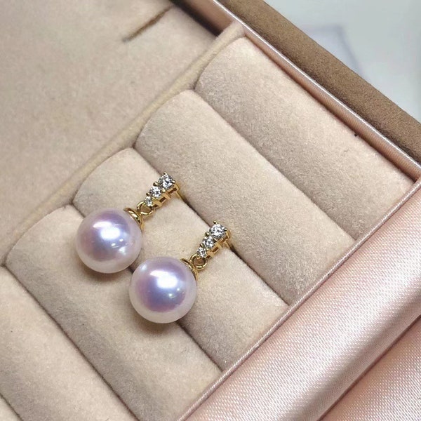 18K Gold Pearl Earring,Akoya Pearl Earring with Diamonds,Pearl Earring