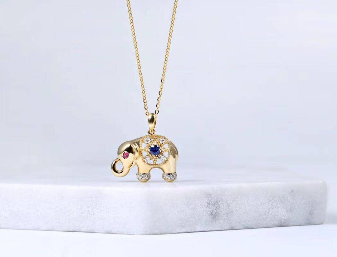 Elephant Pendant Necklace,18k Gold Necklace With Sapphire and Diamond, Gemstone Elephant Pendant