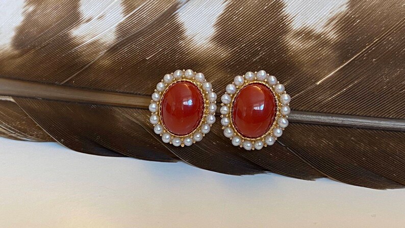 Vintage Aka Coral Stud Earring with Baby Pearls,18K Gold Aka Cor