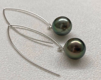 18K White Gold Pearl Dangle Earring,Tahitian Pearl Drop Earring,Teardrop Pearl Drop Earring