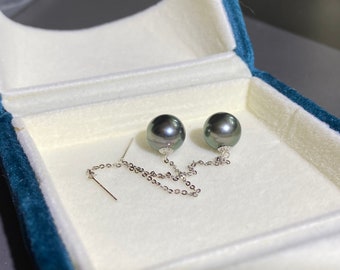 18K Gold Pearl Threader Earring,Threader Earring with Tahitian Pearls