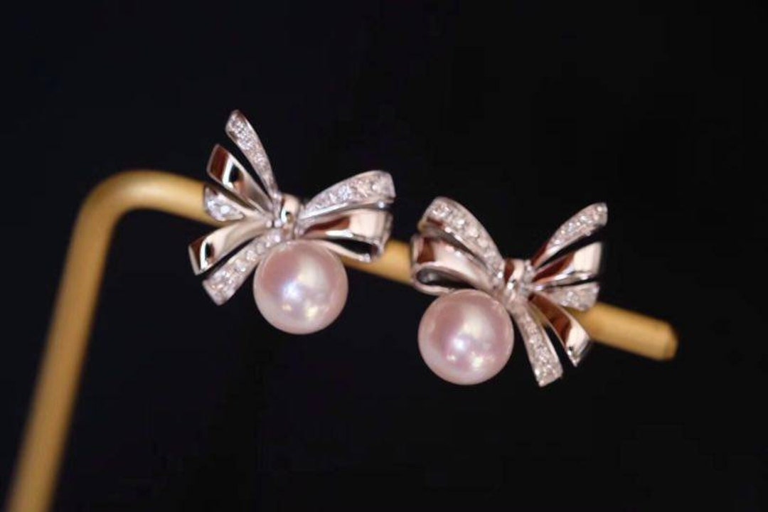 18K Gold Bow Akoya Pearl Stud Earring With Diamond,bow Akoya Pearl 7.5