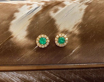 18K Gold Emerald Stud Earring,Green Emerald Earring with Diamond,Emerald Earring