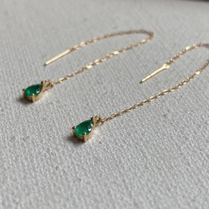 18K Yellow Gold Emerald Threader Earring,Green Emerald Threader Earring, Emerald Thread Threader