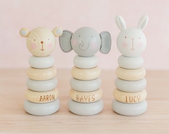 Personalized Wooden Bunny Stacking Toy, Stacker Wooden Elephant Teddy or Bunny Toy, Baby Birthday and Christening Gift, Montessori Toys