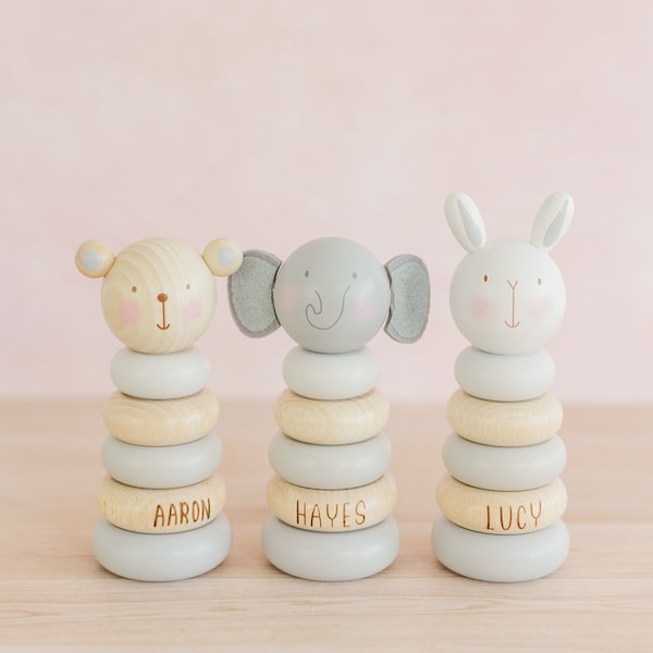 Personalized Wooden Bunny Stacking Toy, Stacker Wooden Elephant Teddy or Bunny Toy, Baby Birthday and Christening Gift, Montessori Toys