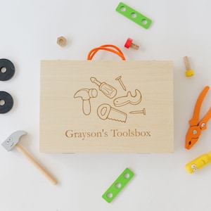 Personalized Wooden Toolbox Toy, Toolkit-Hammer, Screwdriver, Nails, Screws, Nuts, and Bolts-Construction Pretend Play